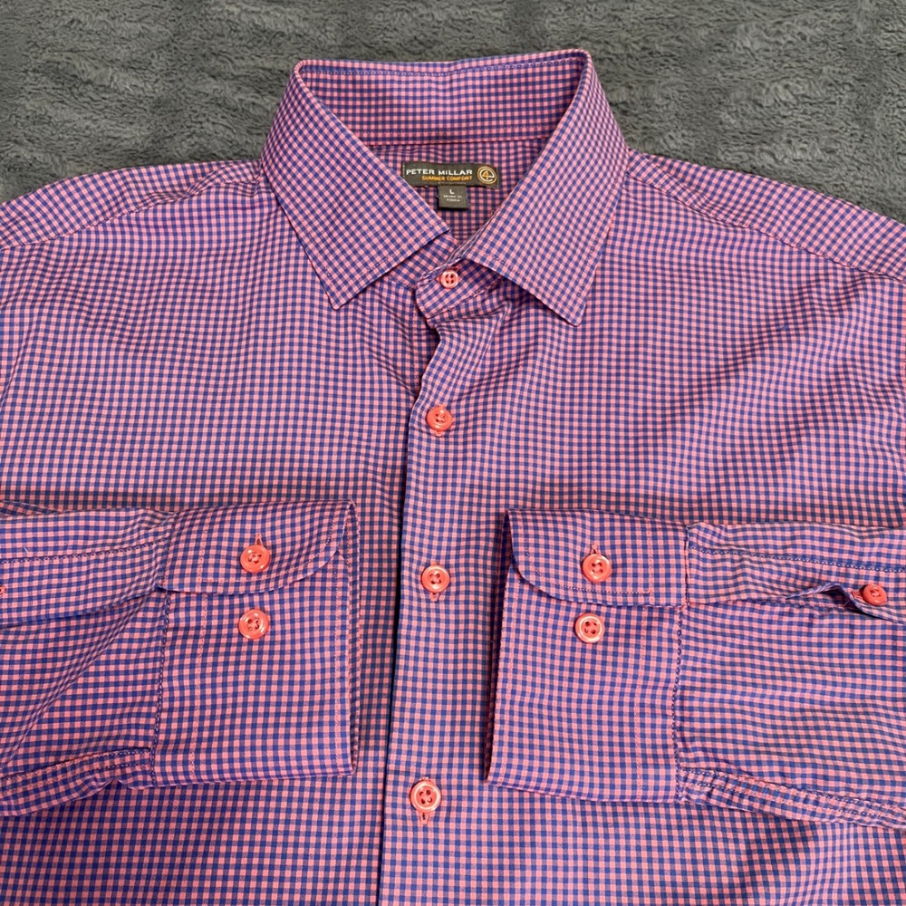 Peter Millar Summer Comfort Mens Large Gingham Performance Shirt Pink Blue AN645